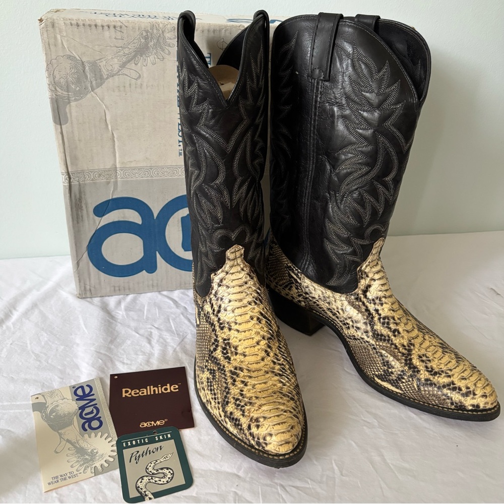 Men’s Real Python Snake Skin and Black Leather Cowboy Western Boots Size 12